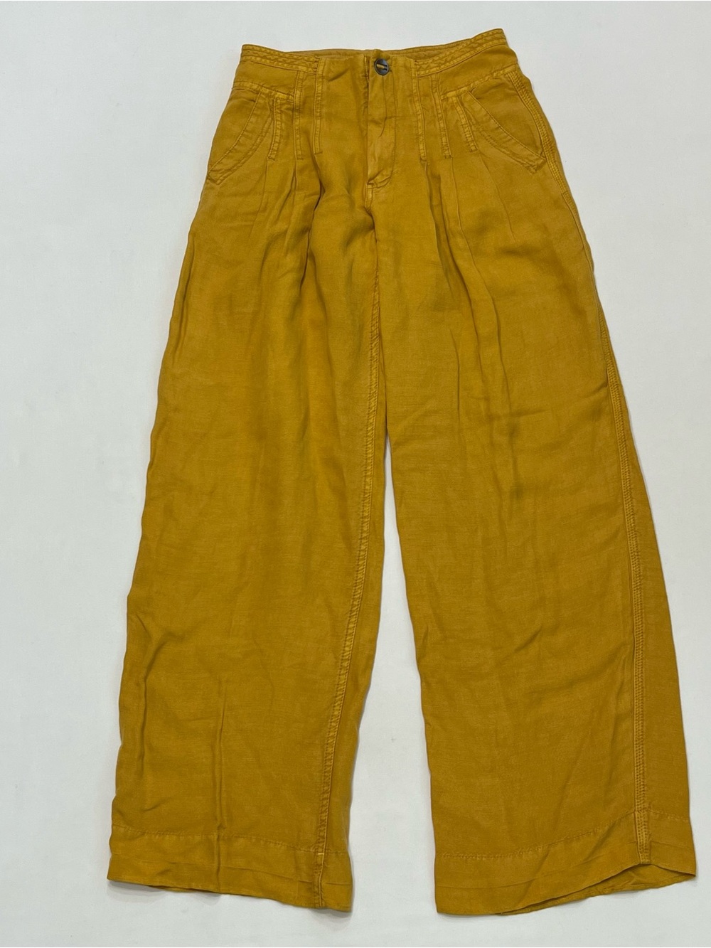 Free People Wide Leg Mid Rise Linen Trouser Pants Sz 0 Mustard Yellow Boho